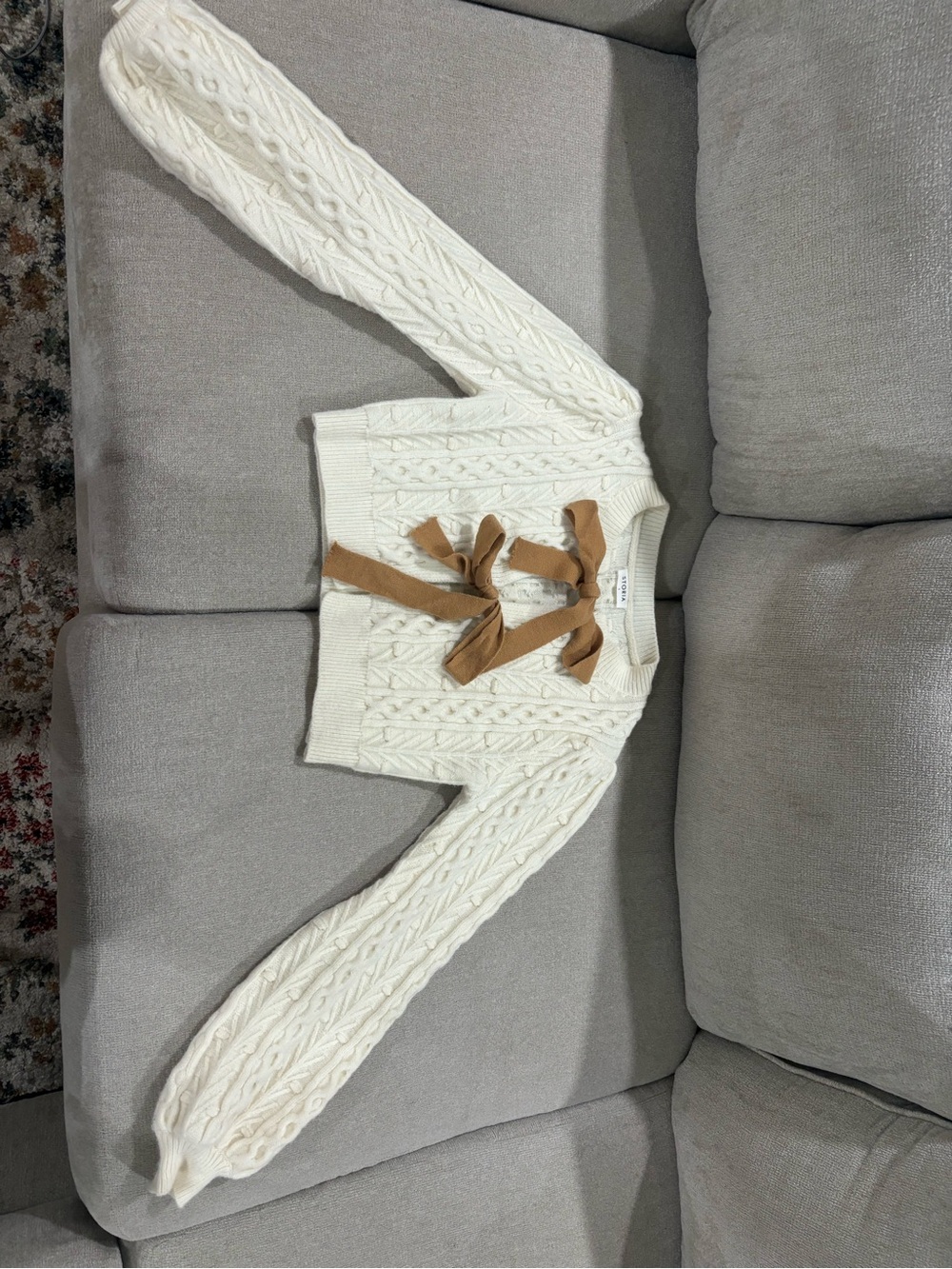Storia Cream Cable-Knit Cropped Cardigan with Brown Ribbon Ties - Picture 2 of 5